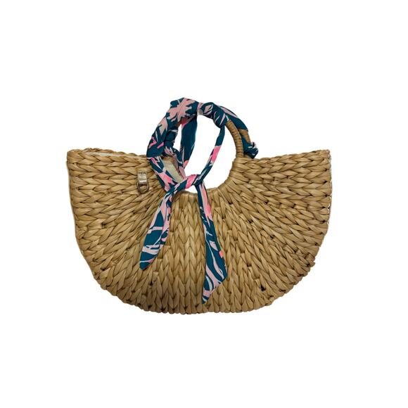 Lilly Pulitzer Monkey Business Half Moon Tan Straw Beach Tote with Floral Scarf - Picture 9 of 10